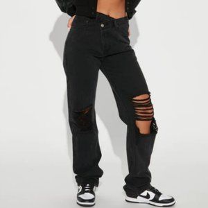 Fashion Nova Distressed Crossover Straight Leg Jeans - Black